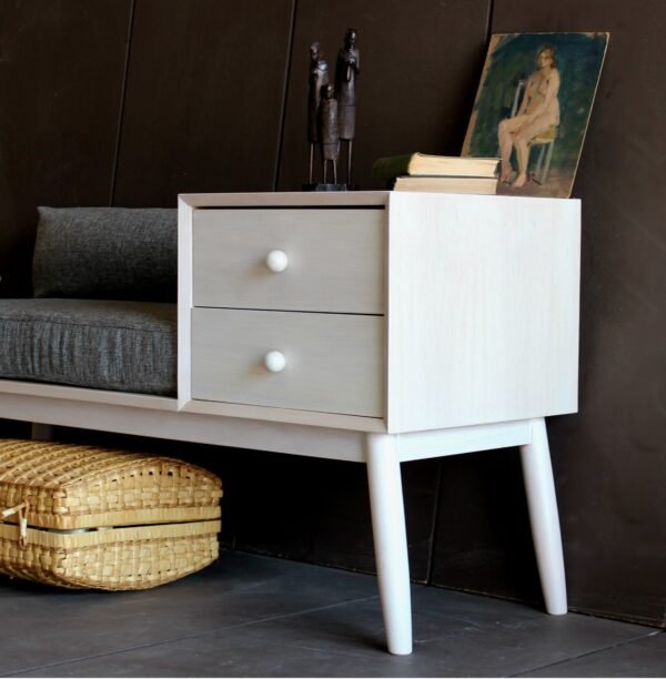 White Mid Century Upholstery Bench/ Seating/ Handmade/ Custom made - Image 3